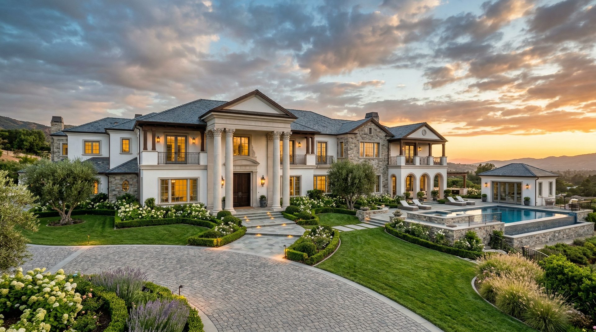 Luxury home exterior at golden hour