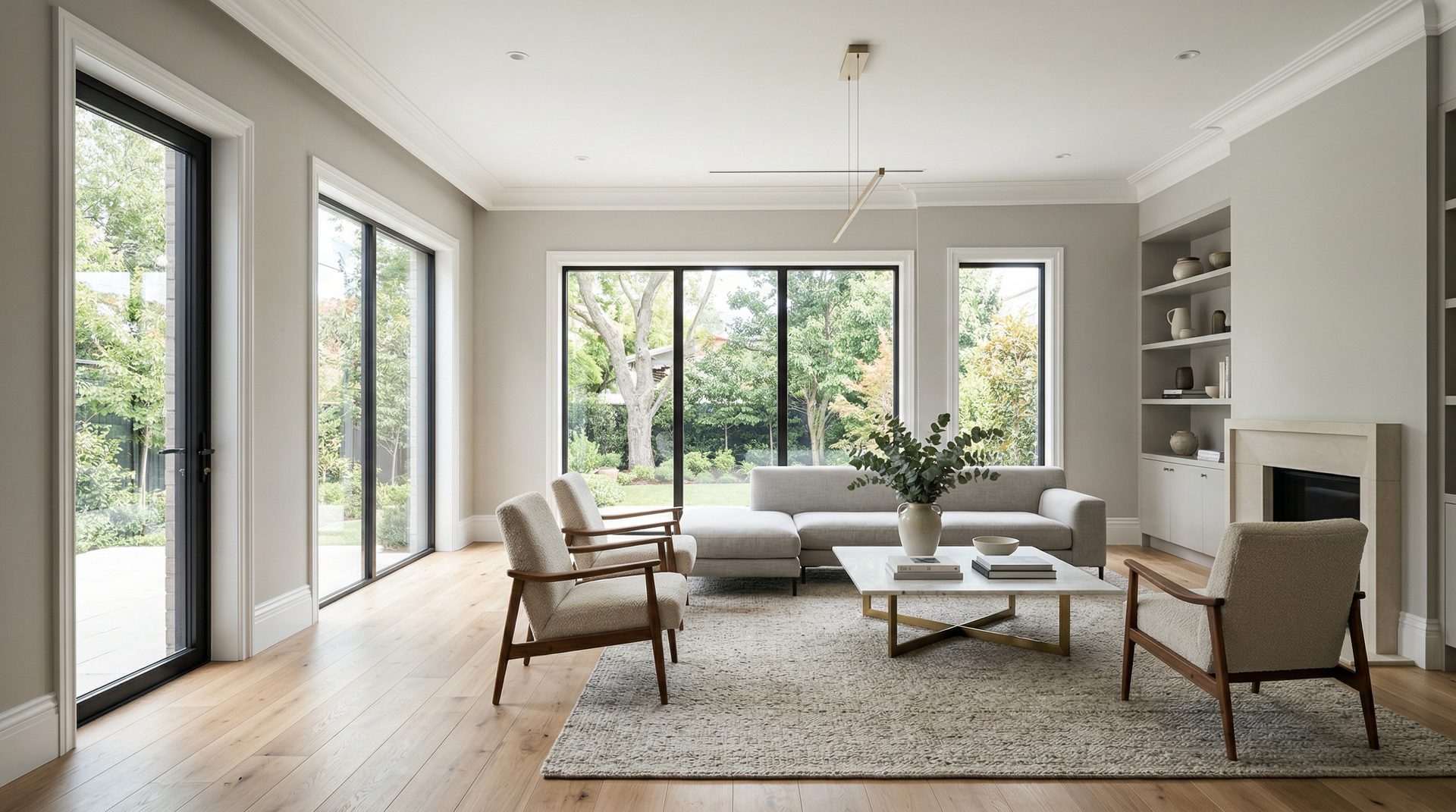 Elegant living room with fresh neutral paint finishes